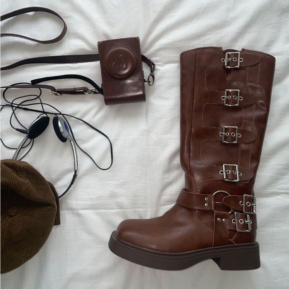 BROWN BROWN MOTO COMBAT BIKER BUCKLE BOOTIES - Picture 7 of 9